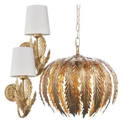 Ornate Gold Leaf Light Set - Ceiling & 2x Wall Light Bundle - Decorative Design