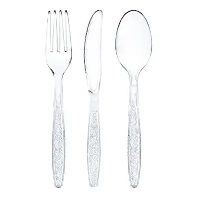 Signature Clear Plastic Cutlery Set Pieces Includes Forks Spoons Knives Dishwasher Safe and Reus