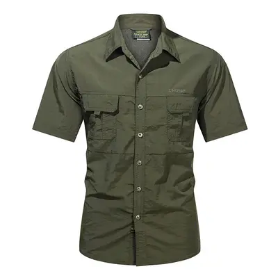 (ArmyGreen, Asian-XXL) Men Summer Outdoor Cargo Short Sleeve Shirt US SWAT Tactical Lightweight 