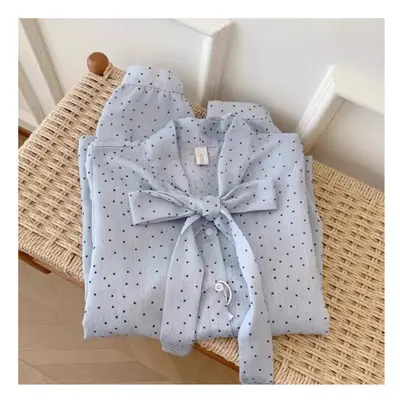 (Light Blue, M) Blue Bow Lacing Chiffon Elegant Blouse Women Clothing Spring New Long Sleeve Pol