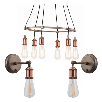 6 Lamp Ceiling Pendant & 2x Matching Wall Light Pack Tarnished Aged Copper Kit