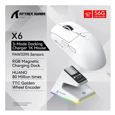 (White) X6 Lightweight Wireless Gaming Mouse with Mode Wired BT5.2 Up to 26K DPI RGB Backlight C