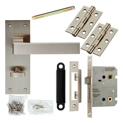 Door Handle & Bathroom Lock Pack Satin Nickel Square Bar Low Profile Backplate