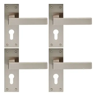 4x PAIR Straight Square Handle on Euro Lock Backplate x 50mm Satin Nickel