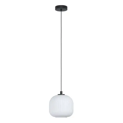 Pendant Ceiling Light Colour Black Shade White Ridged Glass Bulb E27 1x40W