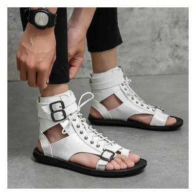 (white, 40) Men Roman Sandals Black White Leather Gladiator Sandals Outdoor Summer Roman Sandals