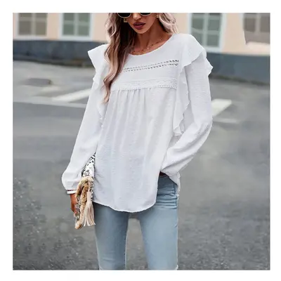 (WHITE, L) Women's Spring Summer T-shirt Lady's Solid Color Jacquard Chiffon Shirt Female Flounc