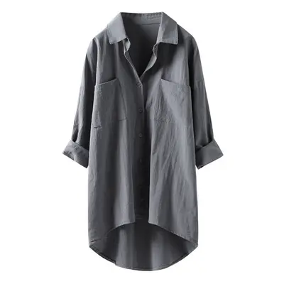 (GRAY, S) New Oversized Fashion Women Shirts Ladies Tops Summer Button Up Shirt Casual Cotton Li