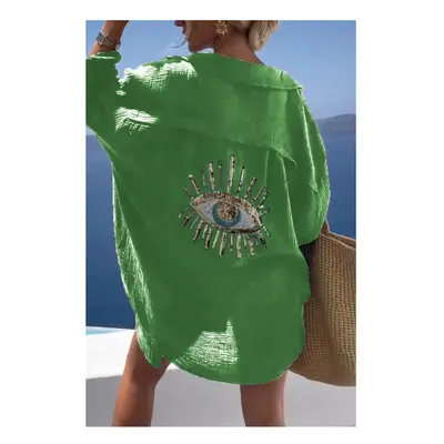 (green, S) Cotton Long Sleeve Loose Shirts Casual Sequin Shirt Spring Summer Embroider Top Turn-