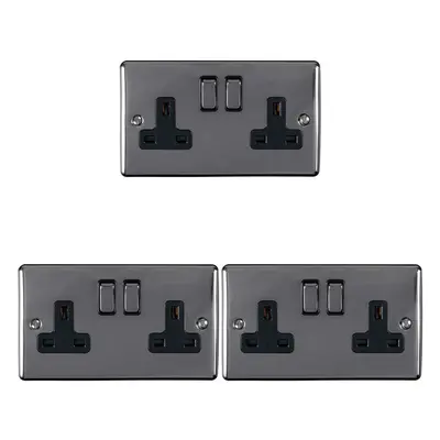 3 PACK Gang Double UK Plug Socket BLACK NICKEL 13A Switched Power Outlet