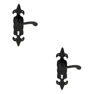 2x PAIR Forged Scroll Lever Handle on Lock Backplate x 57mm Black Antique