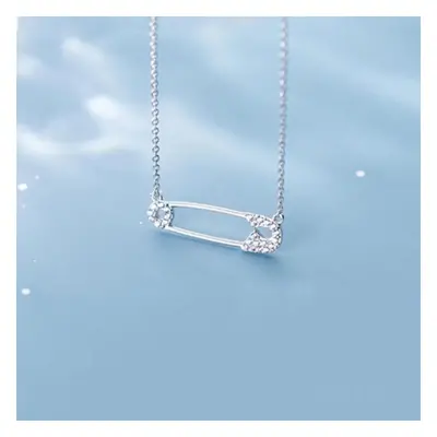 (silver) Real Sterling Silver Safety Pin Necklace For Women Cubic Zirconia Pin Shape Necklaces C