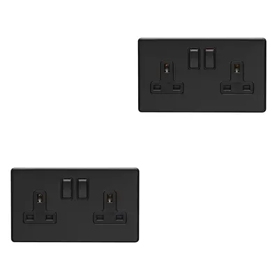 2 PACK Gang Double DP 13A Switched UK Plug Socket SCREWLESS MATT BLACK Power