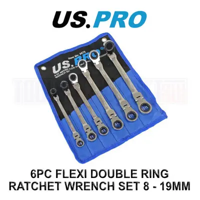 US PRO Tools 6pc Metric Flexi Double Ring Gear Ratchet Spanner Wrench Set 8-19mm