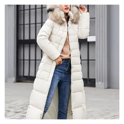 (beige, XL) New Winter Jacket Women&apos;s Warm Fashion Bow Belt Fox Fur Collar Coat Long Dress 