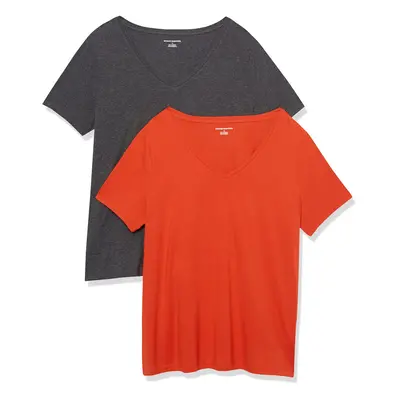 Women's Classic-Fit Short-Sleeve V-Neck T-Shirt, Pack of 2, Charcoal Heather/Tomato Red, 6X