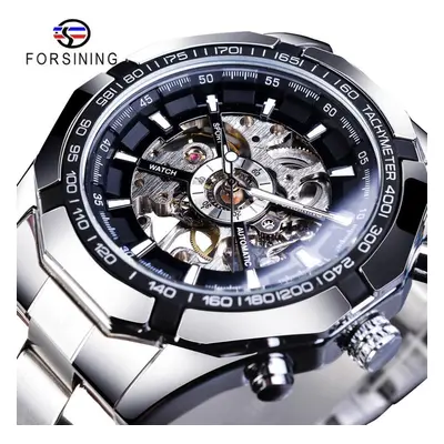 (white) Forsining Stainless Steel Waterproof Mens Skeleton Watches Top Brand Luxury Transparent 