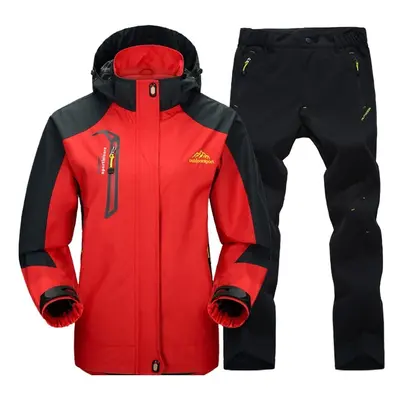 (Red Black, Asian Size m) Outdoor Waterproof Hiking Jacket Set Women Spring Autumn Breathable Ho