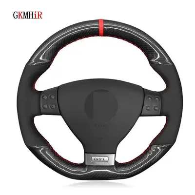 (Red Thread) DIY Hand-Stitched Black Suede Carbon Fiber Car Steering Wheel Cover For