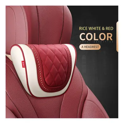 (Beige Red-Headrest) Car Leather Headrest Memory Foam Car Rest Pillow Back Cushion Auto Seat