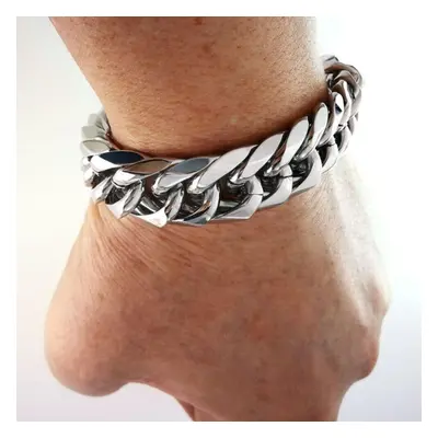 (as the picture, 19cm) Stainless Steel 16mm Width Silver Color Cuban Link Bracelet Bangle Jewelr