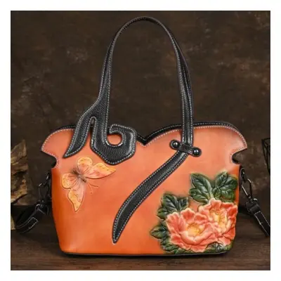 (orange) Johnature Genuine Leather Women Bag Handmade Embossing Retro Luxury Handbags Large Capa