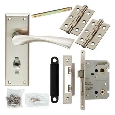 Door Handle & Bathroom Lock Pack Satin Nickel Modern Angled Lever Backplate