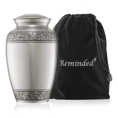 Reminded Cremation Memorial Urn for Human Ashes, Silver Adult Funeral Urn with Velvet Bag