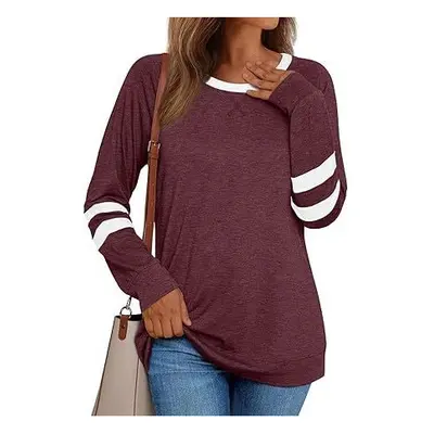 (M, Claret) Women's Long Sleeved Shirt Spicy Girl Casual Round Neck Color Blocked Top Fashionabl