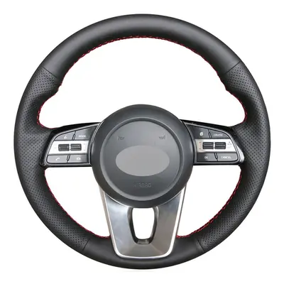 (Black Thread) Black PU Faux Leather DIY Hand-stitched Car Steering Wheel Cover for Kia