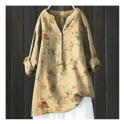 (HCY05, L) Women's Autumn Winter New Fashion Printed Button Up Shirt Long Sleeved Bamboo Linen C