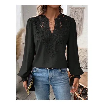 (black, L) Autumn Women's Clothing New Sexy V-neck Fashion Lace Patchwork Solid Color Shirt Long