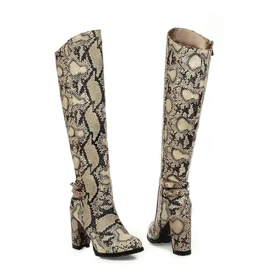 (apricot, 37) Q/women&apos;s High Heel Boots Sexy Snake Skin Pattern Thick Heel Women&apos;s Boo