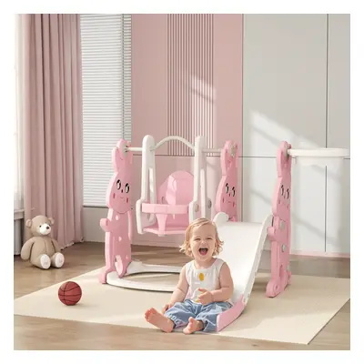 AIYAPLAY in Kids Slide and Swing Set with Climber, Basketball Hoop, Pink