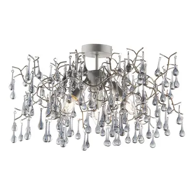 Aged Silver Semi Flush Decorative Branch Ceiling Light - Tinted Glass Droplets