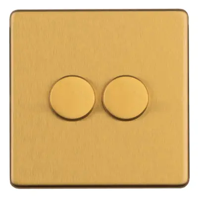 2 Gang Rotary Dimmer Switch Way LED SCREWLESS SATIN BRASS Light Dimming Wall