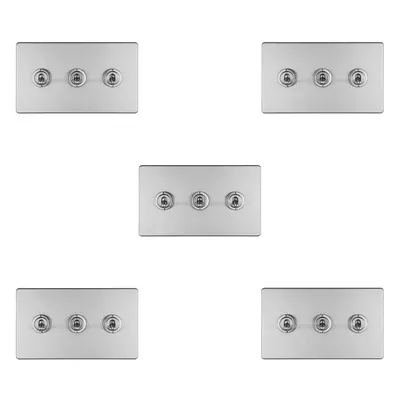 5 PACK Gang Triple Retro Toggle Light Switch SCREWLESS SATIN STEEL 10A Way