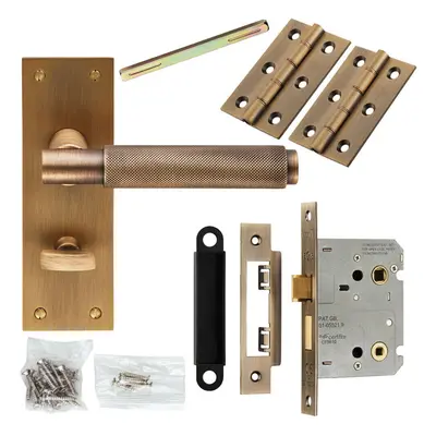 Door Handle & Bathroom Lock Pack Antique Brass Knurled Lever Turn Backplate