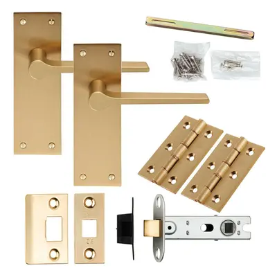 Door Handle & Latch Pack Satin Brass Rounded Flat Bar Lever Slim Backplate