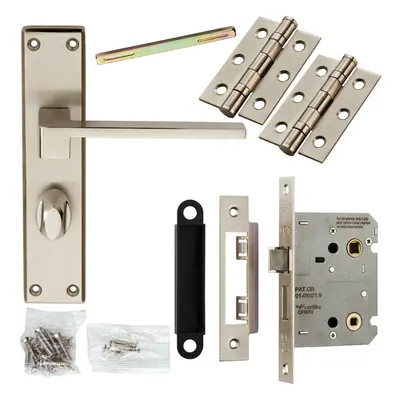 Door Handle & Bathroom Lock Pack Satin Chrome Straight Square Thumb Backplate