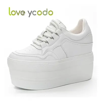 (white, 38) Love Ycodo Women&apos;s Fashion Casual Leather Shoes Super Thick Sole Waterproof Tab