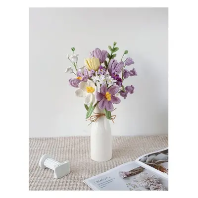 (Purple Large with Vase) Crochet flowers bouquet, Tulip, Pink, white, purple, blue, everlasting,