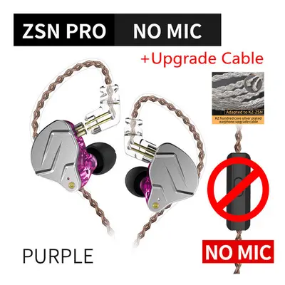 (Purple no mic Silver) KZ ZSN PRO 1BA+1DD Hybrid technology HIFI Metal In Ear Earphones Bass