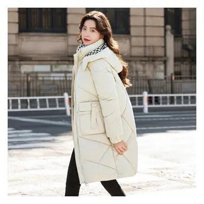 (beige, M) Women Autumn Winter Soild Color Thicken Outwear Cotton Padded Hooded Warm Jacket Coat