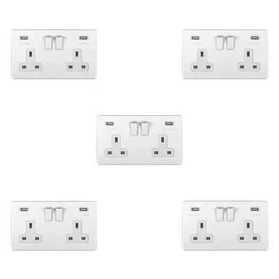 5 PACK Gang Double 13A UK Plug Socket & 2.1A USB-A SCREWLESS MATT WHITE