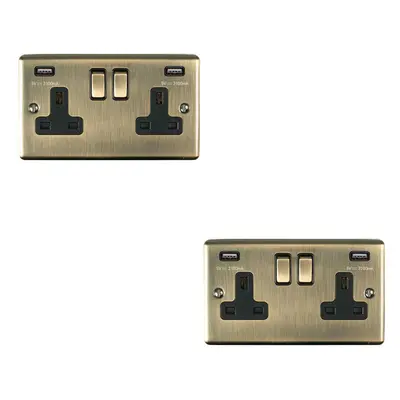 2 PACK Gang Single UK Plug Socket & 2.1A USB ANTIQUE BRASS Black 13A Switched