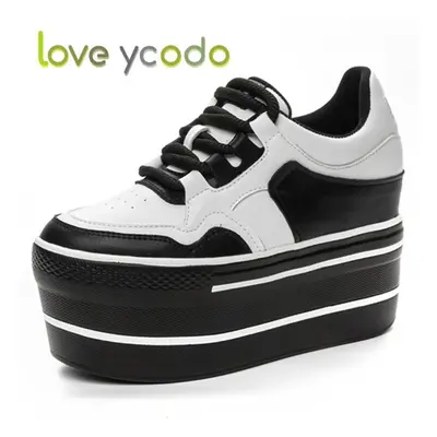 (black, 38) Love Ycodo Women&apos;s Fashion Casual Leather Shoes Super Thick Sole Waterproof Tab