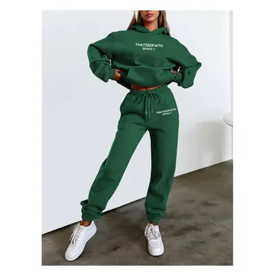 (Green, L) Women's Letter Print Hoodie and Jogger Set Stylish Casual Fleece Loungewear Outfit