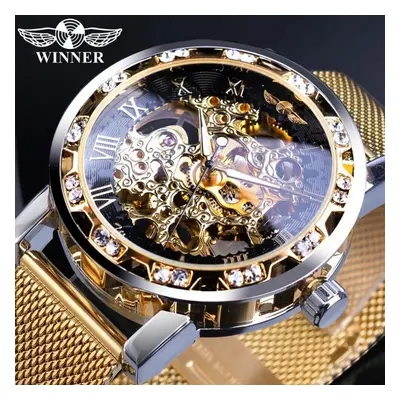 (yellow) Winner Golden Watches Men Skeleton Mechanical Watch Crystal Mesh Slim Stainless Steel B