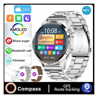 (silver, Silicone+Leather+Steel) Smart Watch Men Watch Pro Amoled Hd Screen Bluetooth Call Nfc H